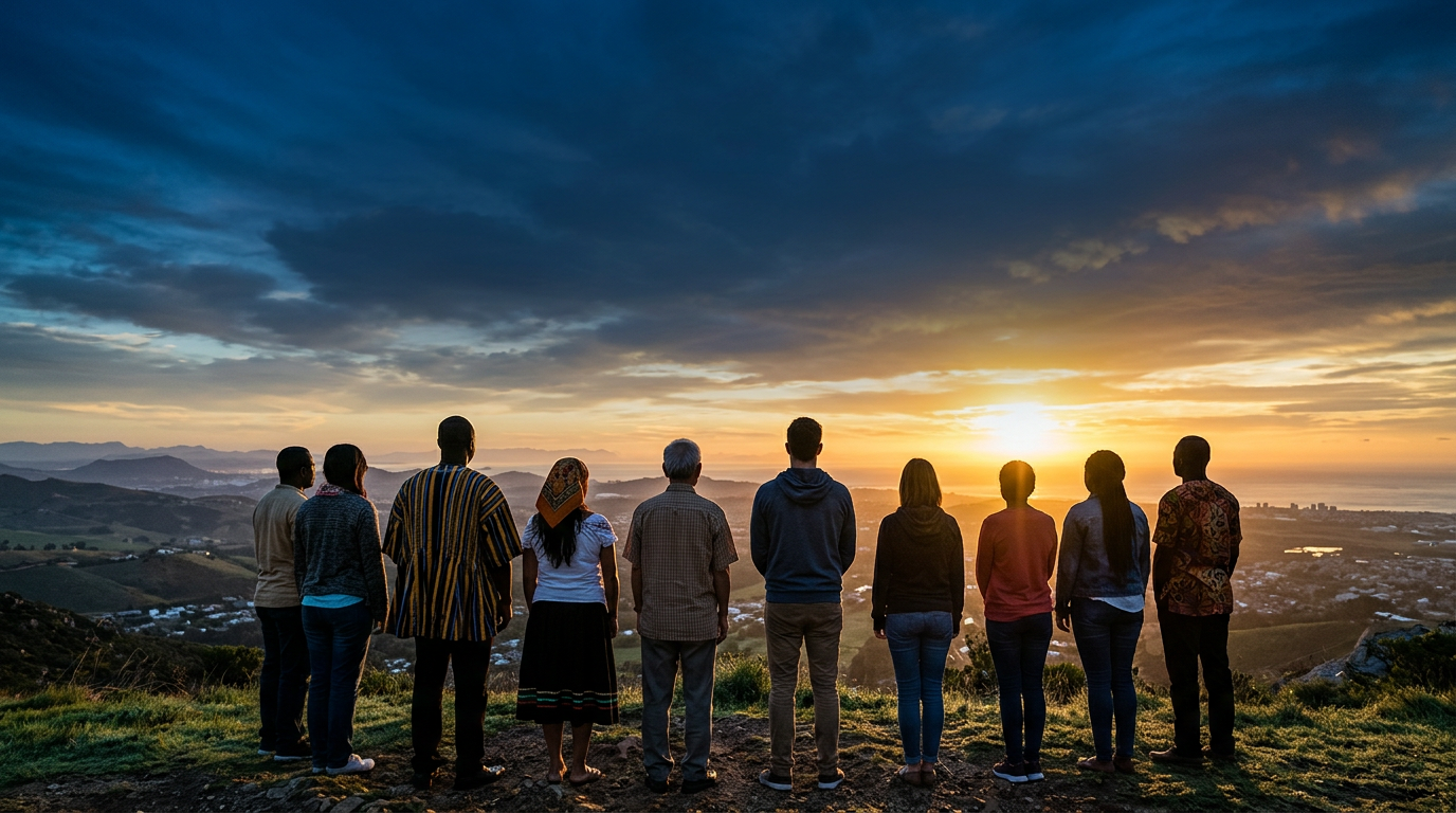 Nine people standing together on a hillside overlooking a sunset